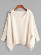 Shein Beige Ripped High Low Hooded Sweater