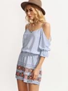 Shein Blue Striped Print Trim Spaghetti Strap Jumpsuit