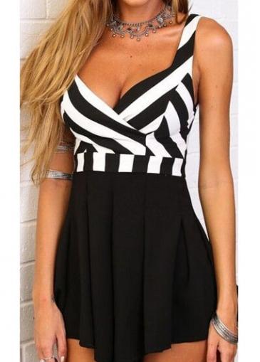 Rosewe Black Sleeveless Striped Pleated Boot Cut Romper