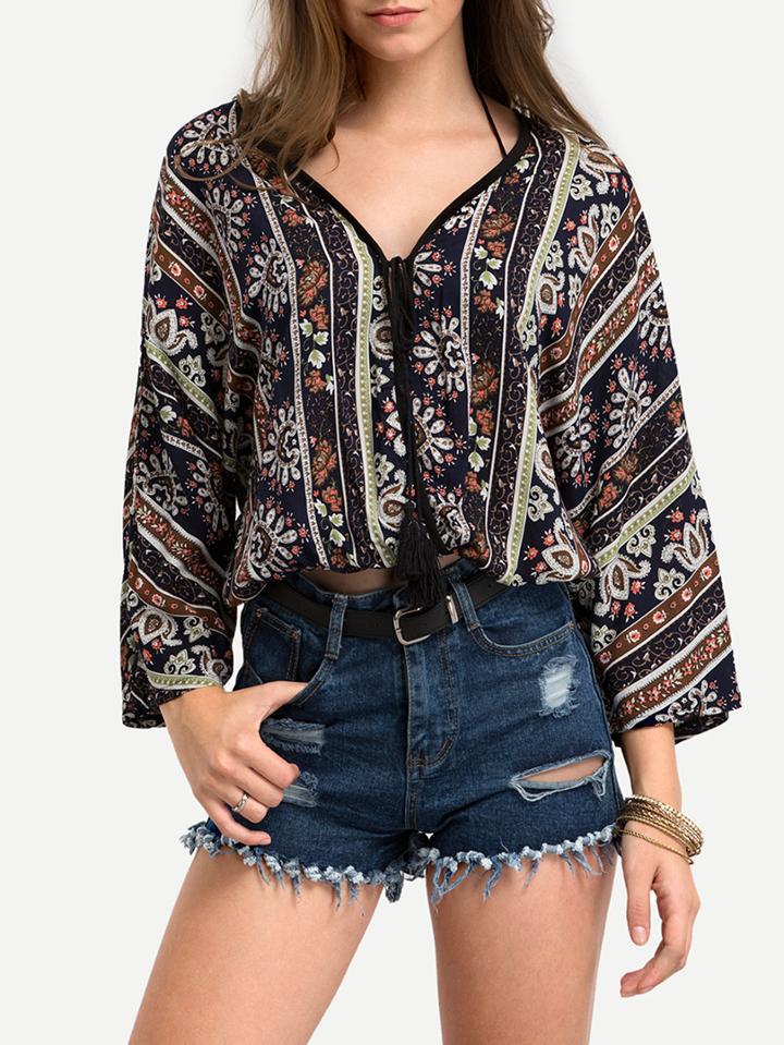 Shein V Neck Vintage Print Lace Up Shirt