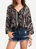 Shein V Neck Vintage Print Lace Up Shirt