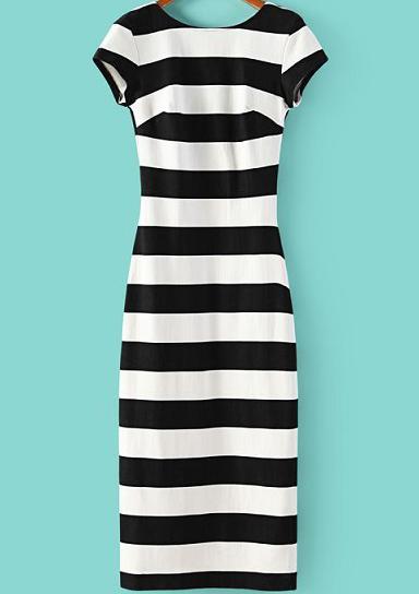 Shein Black White Striped Short Sleeve Backless Dress