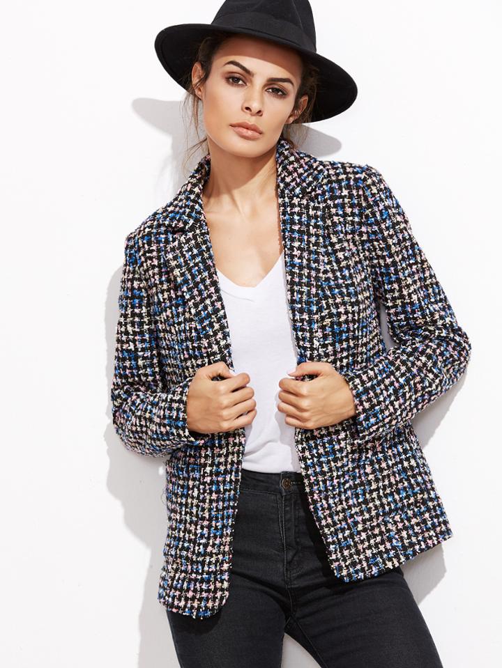 Shein Multicolor Notch Collar Pocket Front Tweed Blazer