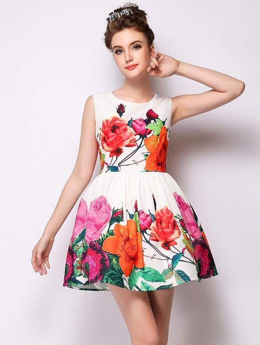 Shein White Round Neck Sleeveless Floral Flare Dress