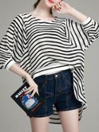 Shein White Black Striped High Low Blouse