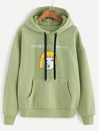 Shein Pale Green Hooded Drop Shoulder Cartoon Print Sweatshirt