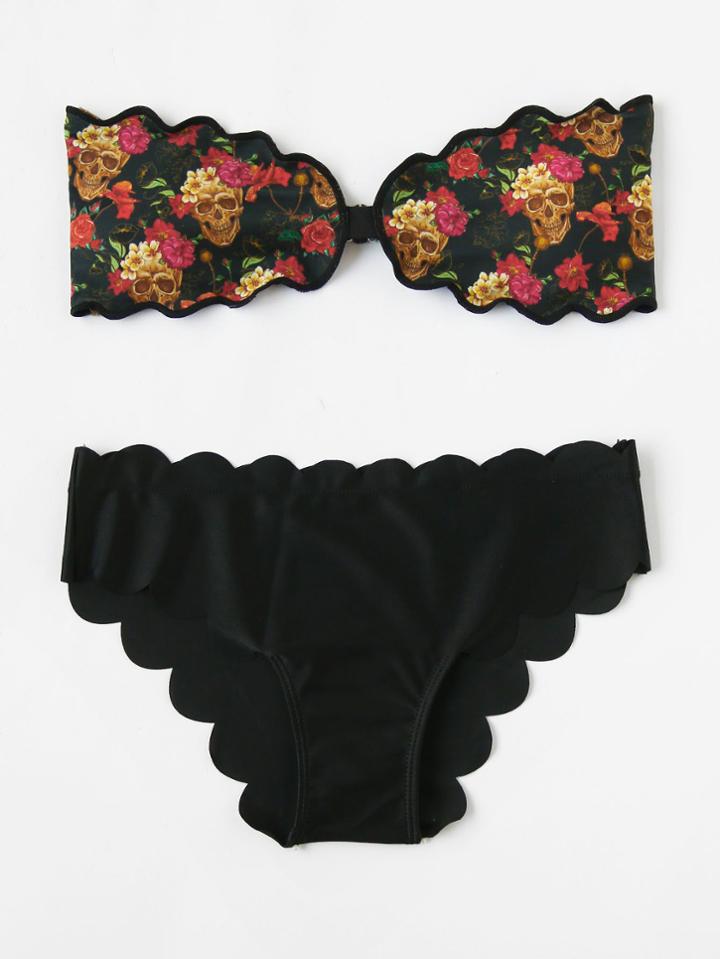 Shein Skeleton & Rose Print Scalloped Trim Bandeau Bikini Set