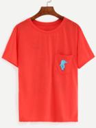 Shein Red Dolphin Print Pocket T-shirt