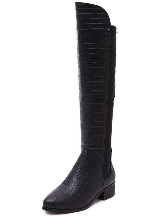 Shein Black Chunky Heel Snakeskin High Boots