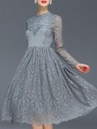 Shein Grey Round Neck Long Sleeve Embroidered Lace Dress