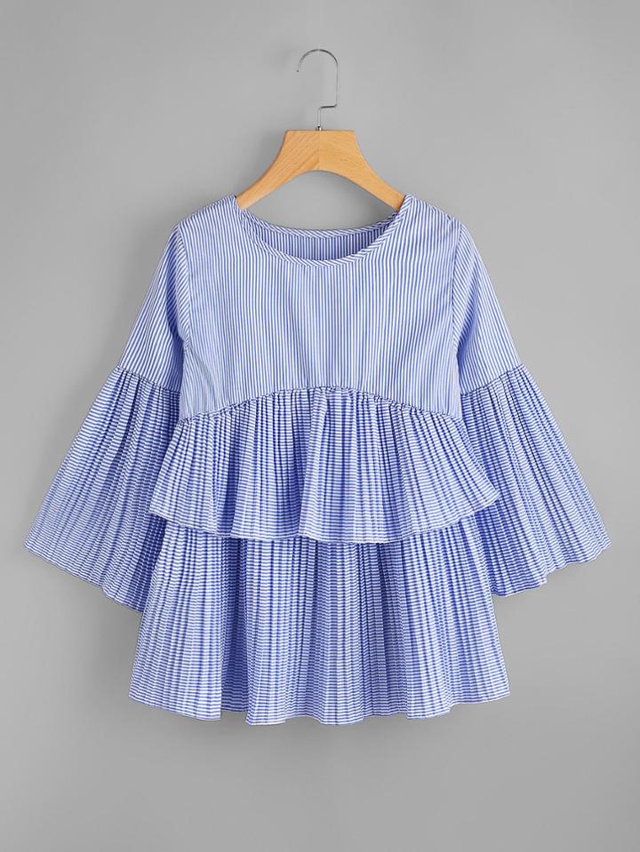 Shein Fluted Sleeve Frill Layered Striped Blouse