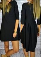 Rosewe Half Sleeve Black Round Neck Asymmetric Dress