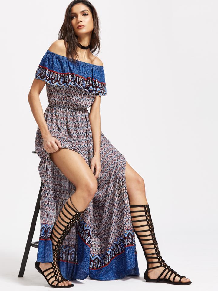 Shein Flounce Layered Neckline Ornate Print Slit Jumpsuit