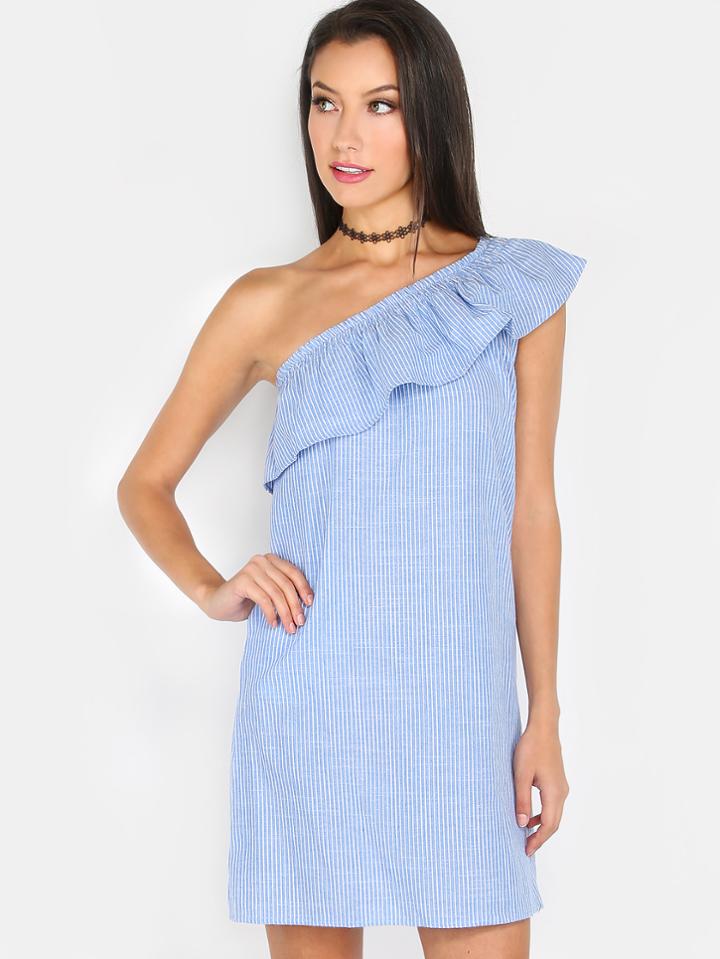 Shein One Shoulder Stripe Ruffle Dress Blue