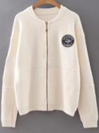 Shein White Embroidery Patch Zipper Sweater Coat