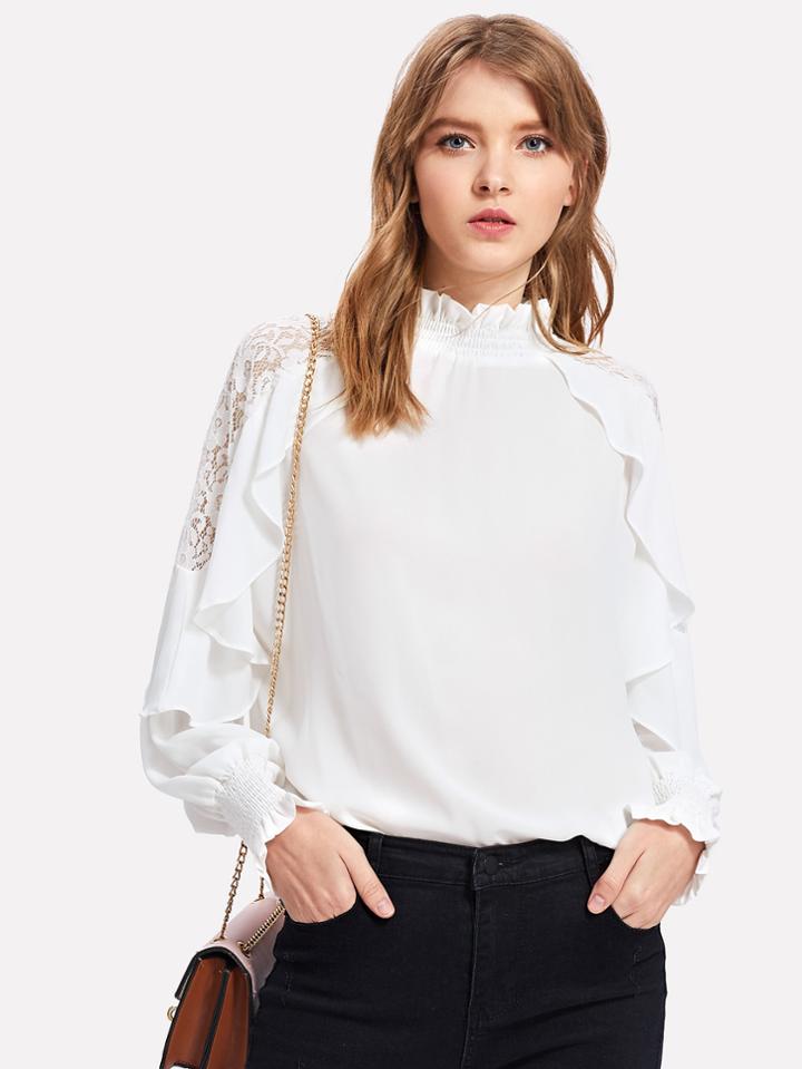 Shein Lace Panel Ruffle Trim Blouse