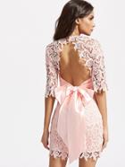 Shein Bow Tie Open Back Embroidered Lace Overlay Dress