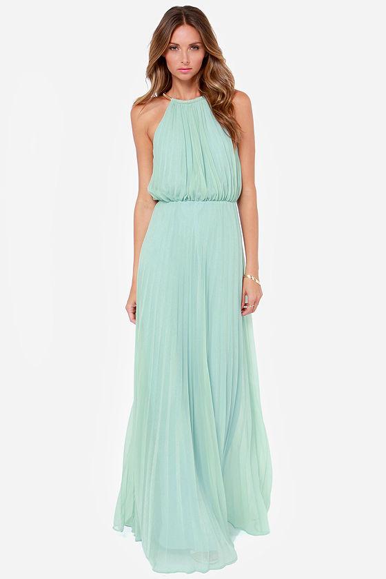 Shein Mint Sleeveless Halter Pleated Maxi Dress