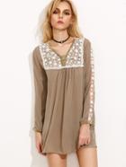 Shein Khaki Flower Crochet Applique Tunic Dress