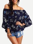 Shein Off-the-shoulder Flower Print Ruffled Blouse