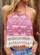Rosewe Tribal Print Lace Splicing Halter Camisole Top