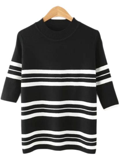Shein Black Crew Neck Stripe Knit T-shirt