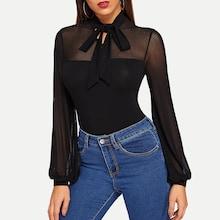 Shein Tie Neck Sheer Yoke Top