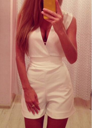Rosewe High Waist Plunging Neckline White Sleeveless Romper