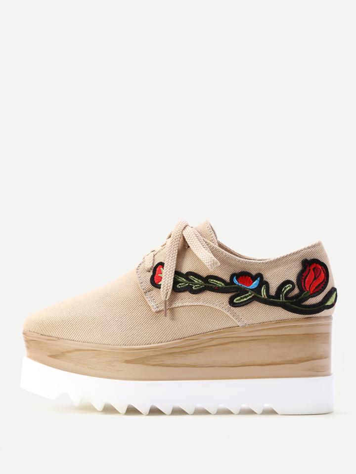Shein Flower Embroidery Lace Up Denim Wedges