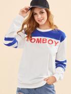 Shein Contrast Yoke Letter Print Striped Sleeve Sweatshirt