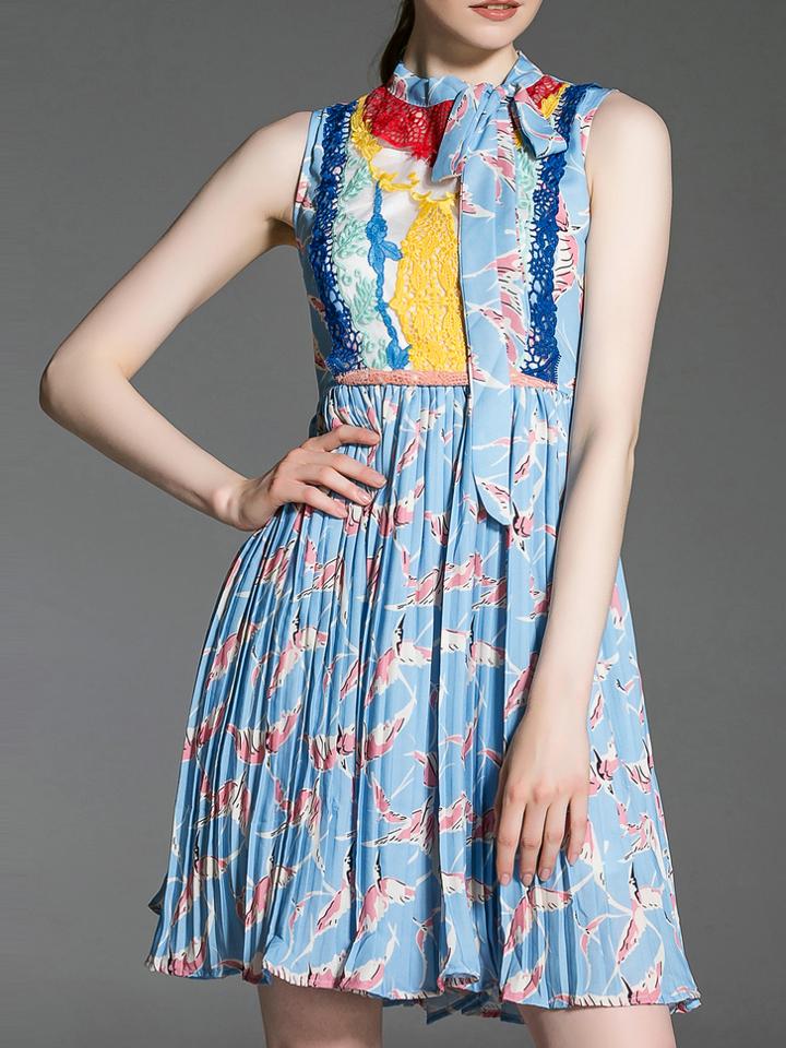 Shein Multicolor Tie Neck Gauze Embroidered Pleated Dress
