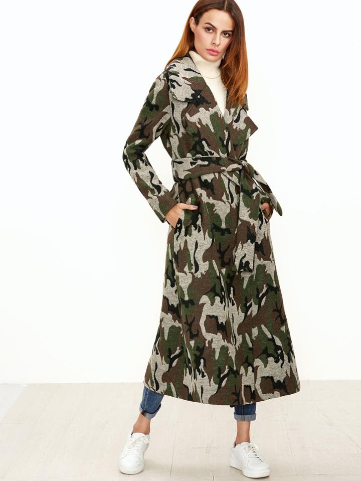 Shein Olive Green Camo Pattern Longline Wrap Coat