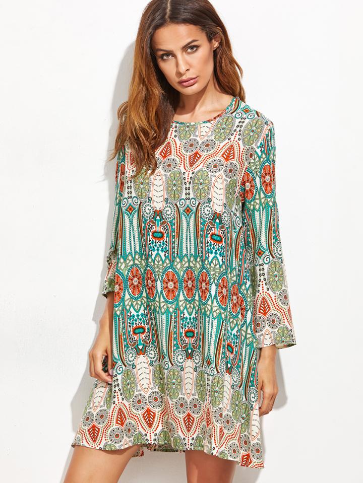 Shein Green Tribal Print Long Sleeve Shift Dress