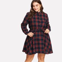 Shein Plus Drawstring Waist Checked Shirt Dress