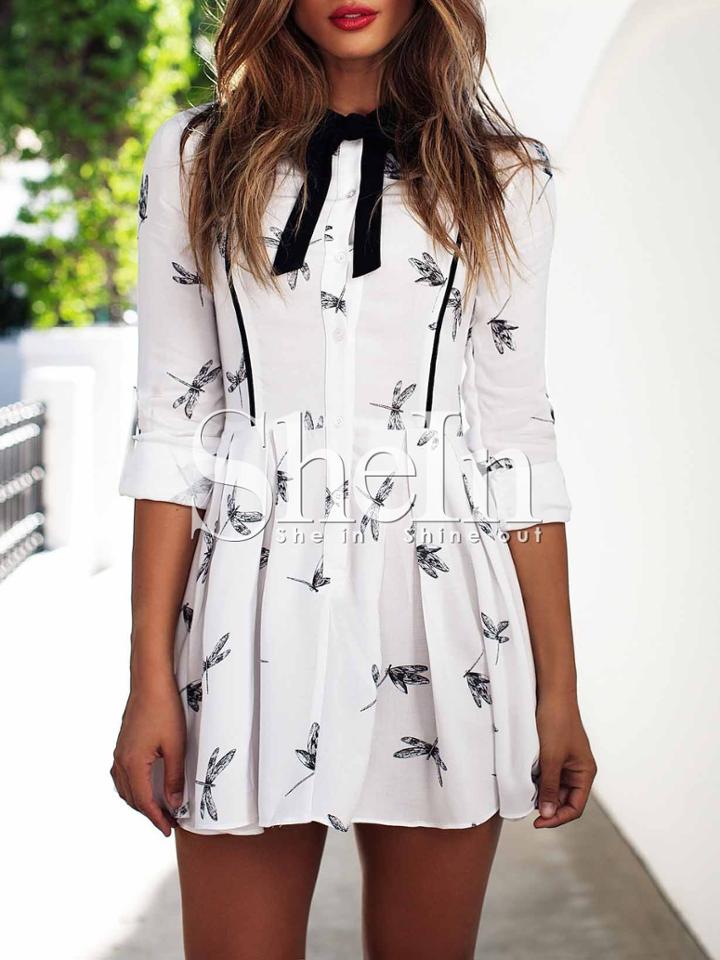 Shein White Long Sleeve Dragonfly Print Dress