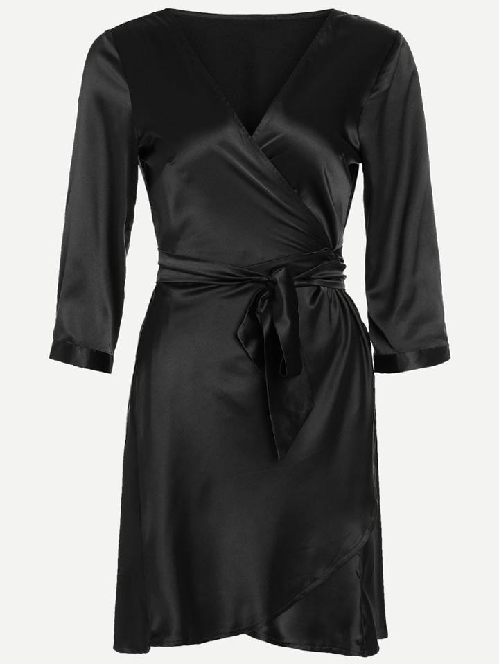 Shein Black V Neck Wrap Tie  Pajamas Dress