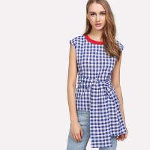 Shein Contrast Neck Belted Gingham Top