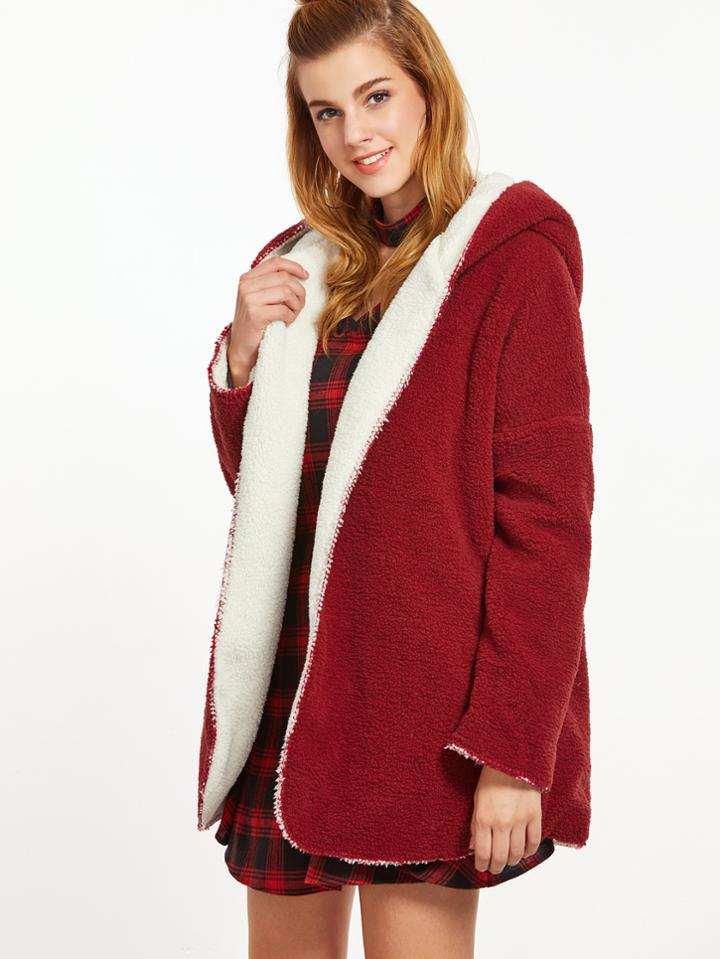 Shein Burgundy Drop Shoulder Two Way Hooded Fleece Coat