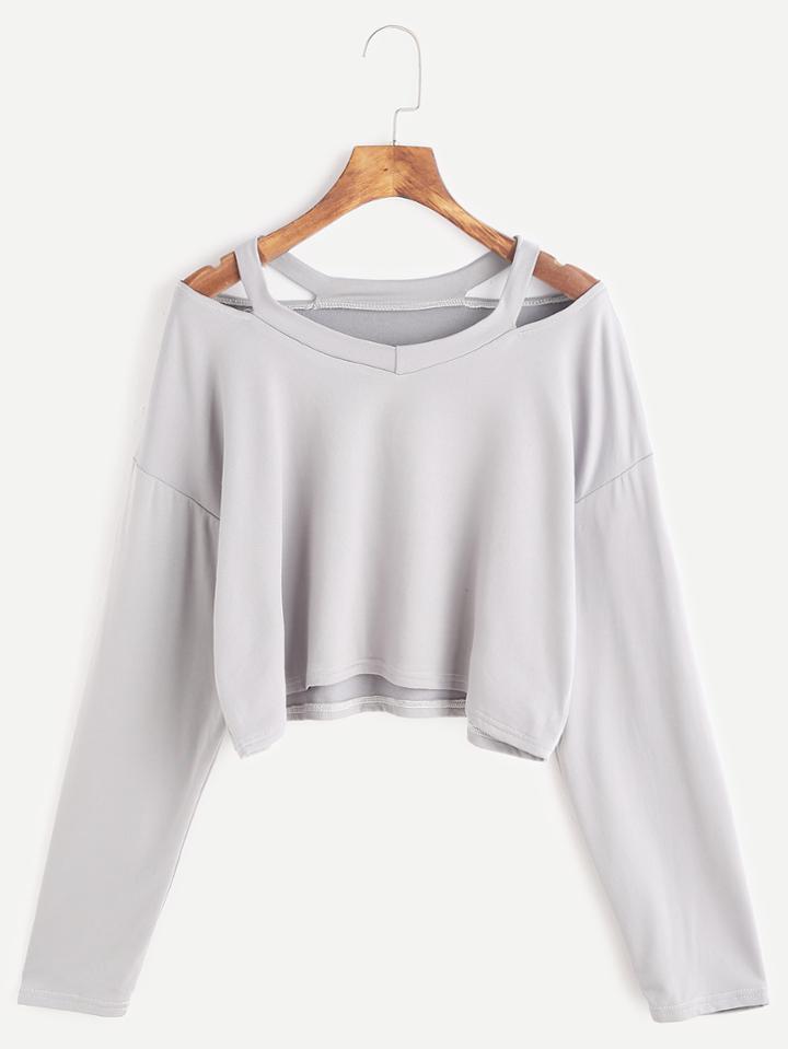 Shein Grey Cut Out Neck Crop T-shirt