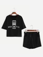 Shein Black Graphic Print T-shirt With Drawstring Shorts