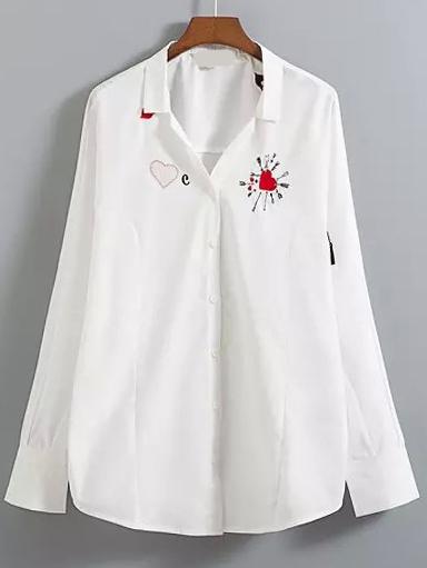 Shein White Long Sleeve Heart Embroidered Blouse