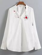 Shein White Long Sleeve Heart Embroidered Blouse