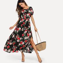 Shein Flower Print Elastic Waist Dress
