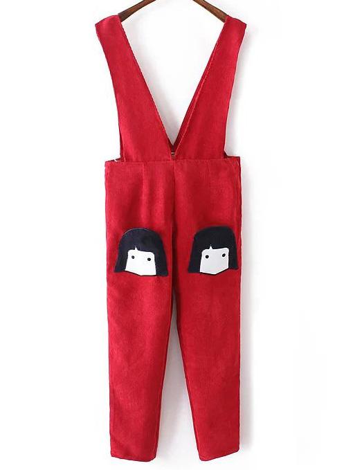 Shein Red Embroidery Zipper Side Pocket Overalls