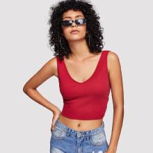 Shein V Neck Striped Rib Knit Crop Top
