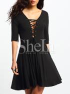 Shein Black Lace-up Backlss Pleated Dress