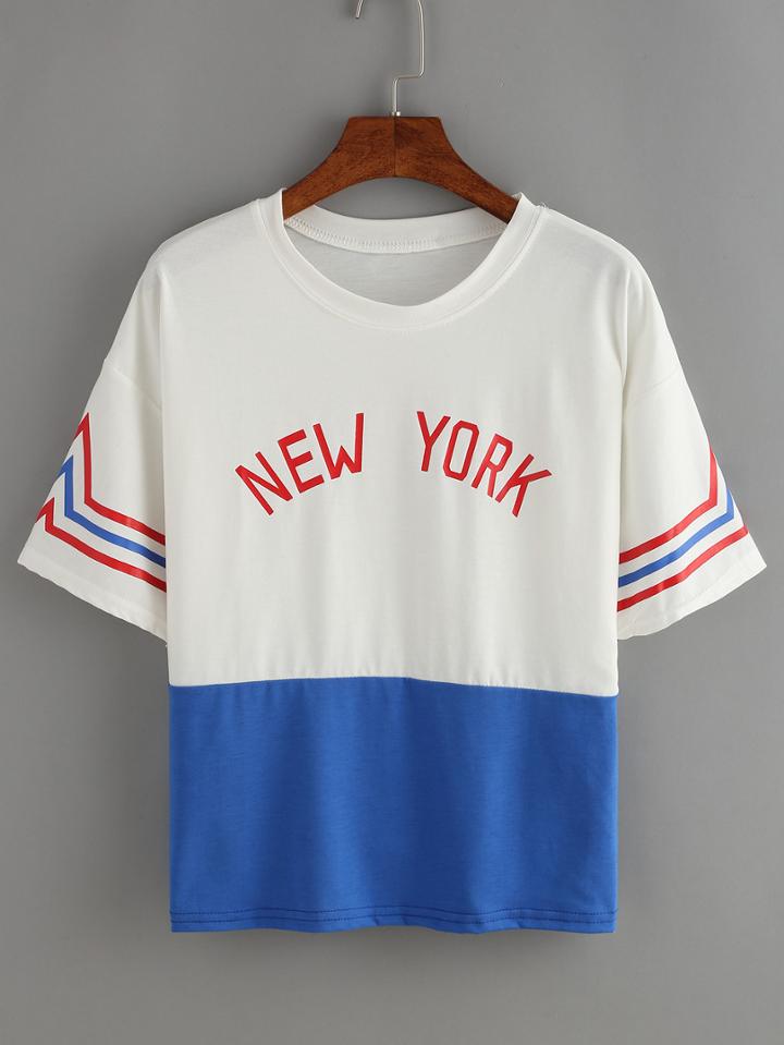 Shein Color-block Striped Trim Letters Print T-shirt