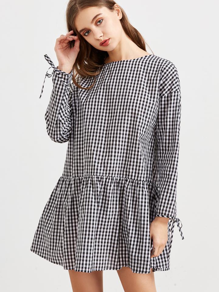 Shein Black And White Checkered Tie Sleeve Ruffle Hem Dress