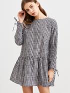 Shein Black And White Checkered Tie Sleeve Ruffle Hem Dress
