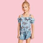 Shein Girls Open Shoulder Fold Over Floral Top